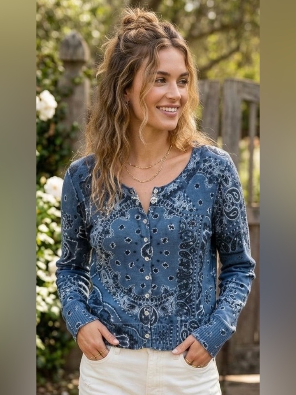 Natural Life “Your Everything” Blue Paisley Knit Cardigan Sweater Size Large